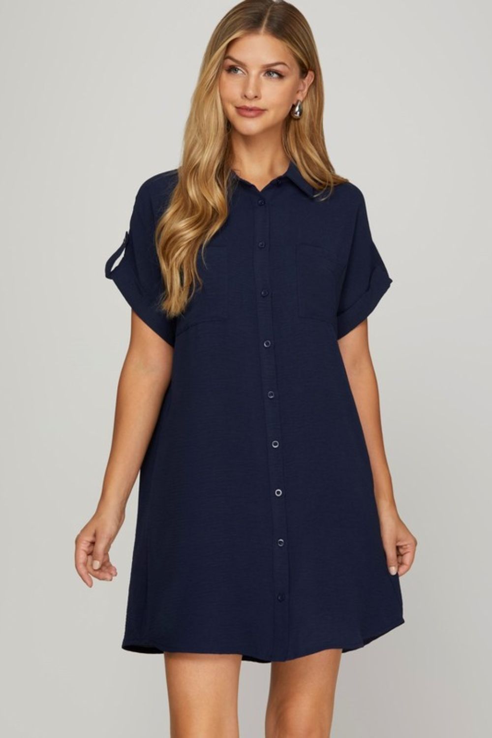 navy blue shirt dress plus size Button Down Short Sleeve Woven Shirt Dress for Women Plus Size