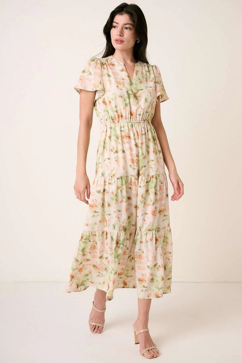 mittoshop long sleeve dress Mittoshop Flower Print Flutter Sleeve V Slit Maxi Dress
