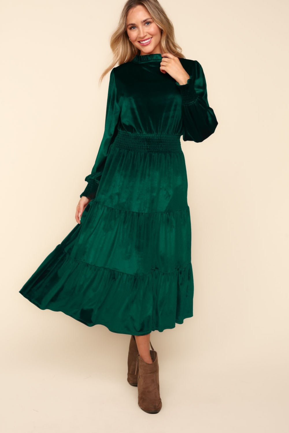 Mock Neck Smocked Waist Velvet Tiered Dress - Chic Velvet Dress for Women | Anekay Mock Neck Smocked Waist Velvet Tiered Dress - Chic Velvet Dress for Women | Anekay