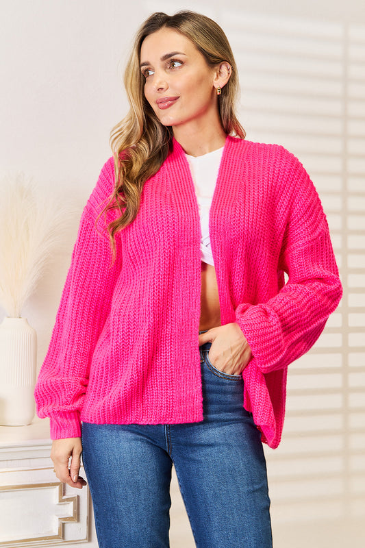 Hot Pink Woven Right Rib Knit Open Front Drop Shoulder Cardigan