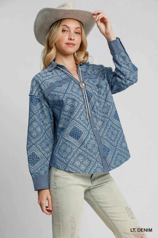 Lt. Denim Umgee Paisley Print Denim Shirt Jacket