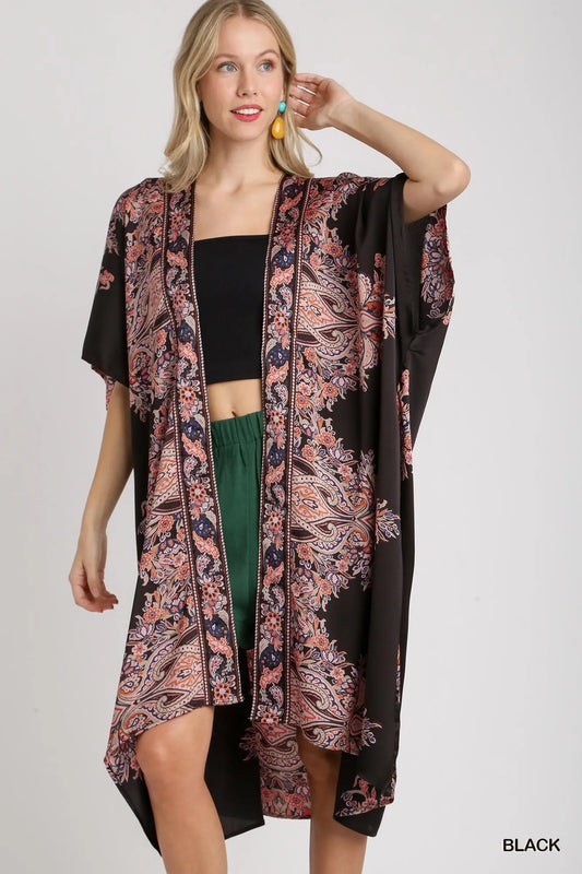 Black Umgee Satin Border Print Short Sleeve Open Front Kimono