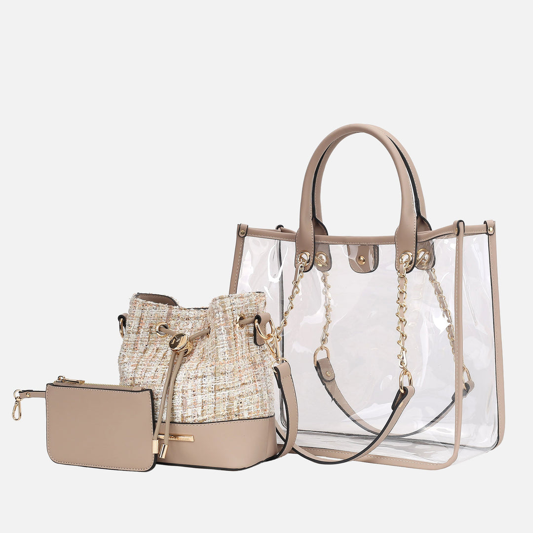 MKF Collection By Mia K Diva Pvc Tote Bag With Tweed Bucket Bag