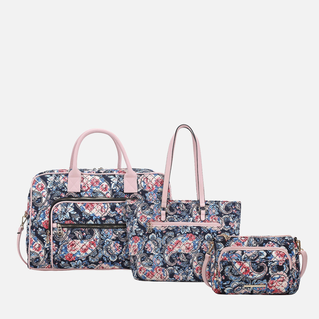 Floral Navy MKF Collection By Mia K Zoe Quilted Cotton Weekender And Crossbody Bag