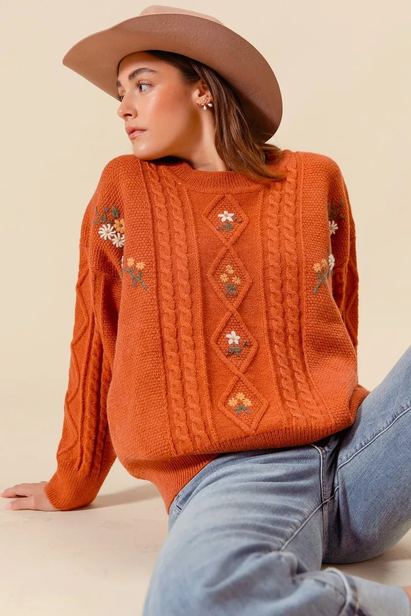 Brick So Me Embroidered Flower Cable Knitted Sweater