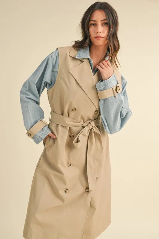 Mable Layered Look Trench Coat With Denim Jacket