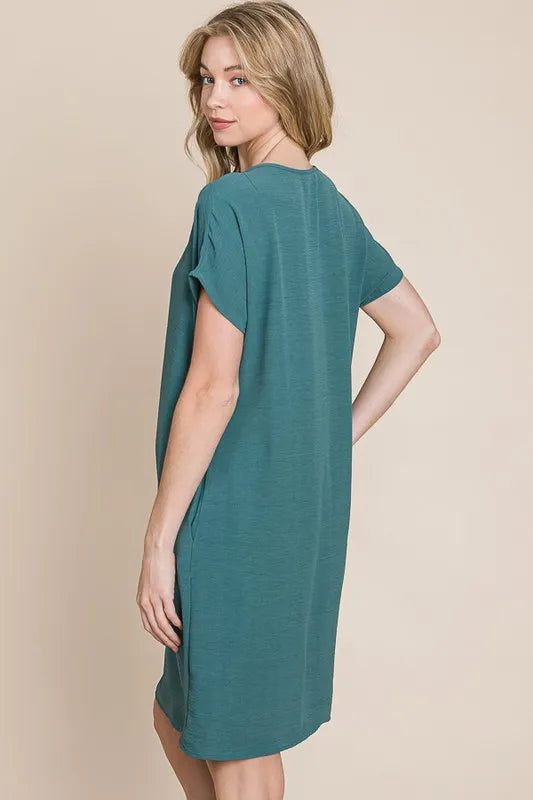 Teal Bombom V Neck Short Sleeve Dress With Pockets 2