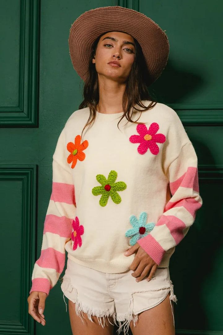 Bibi Colorful Floral Patched Sweater With Striped Sleeve