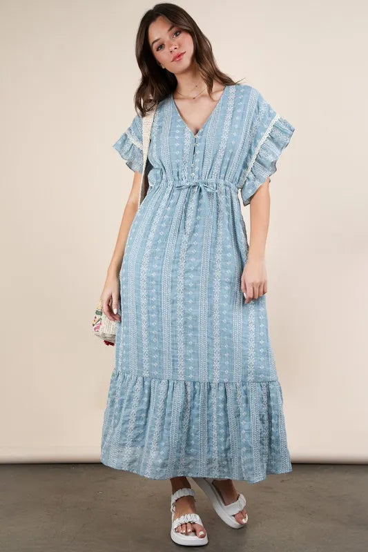 Blue Very J Embroidered Boho Ruffled Midi Dress 2