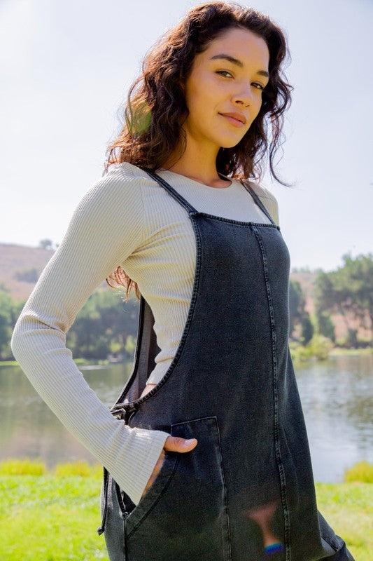 Black Mono B Drawstring Waist Spaghetti Strap Overalls With Pockets