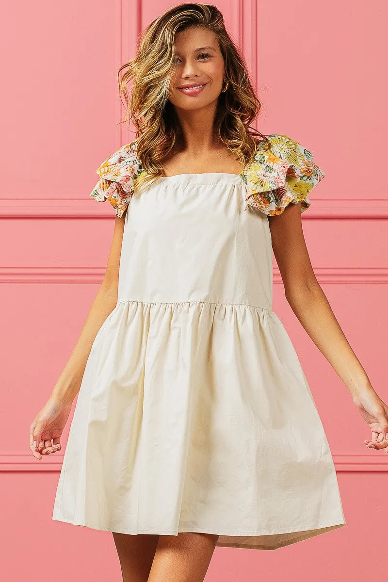 Bibi Flower Embroidered Floral Print Sleeve Dress