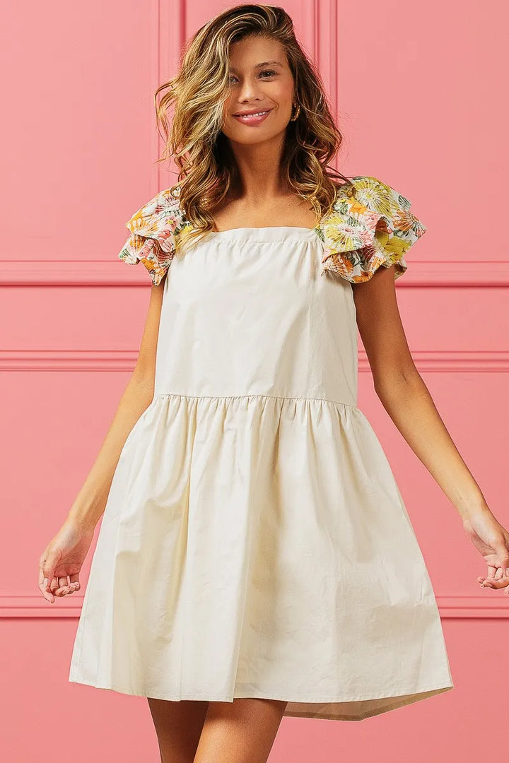 Bibi Flower Embroidered Floral Print Sleeve Dress