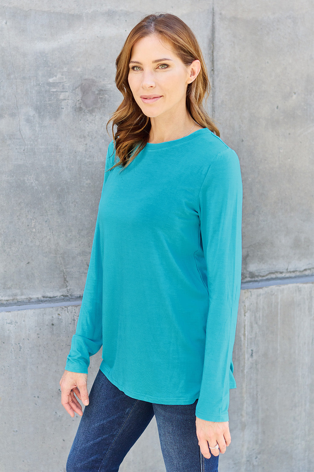 Dark Brown Basic Bae Full Size Round Neck Long Sleeve Top