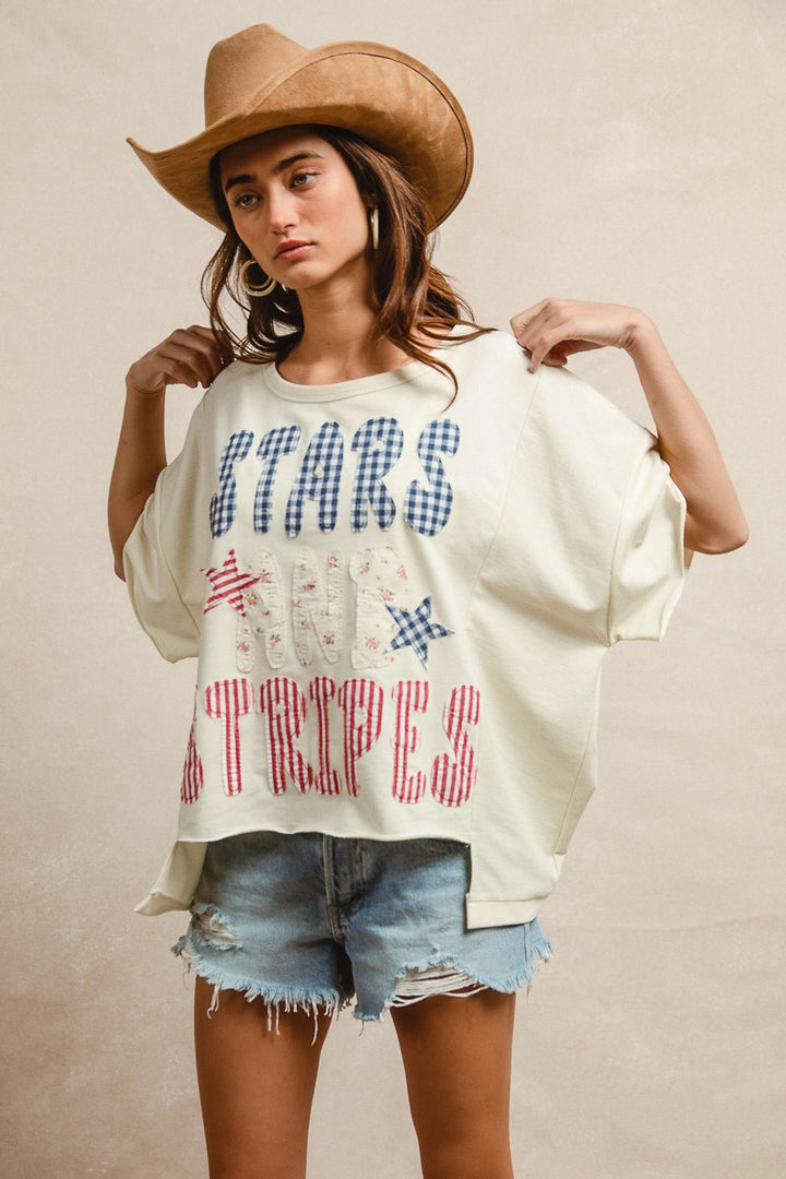 Bibi Mix And Match Stars And Stripes Patchwork Short Sleeve T Shirt