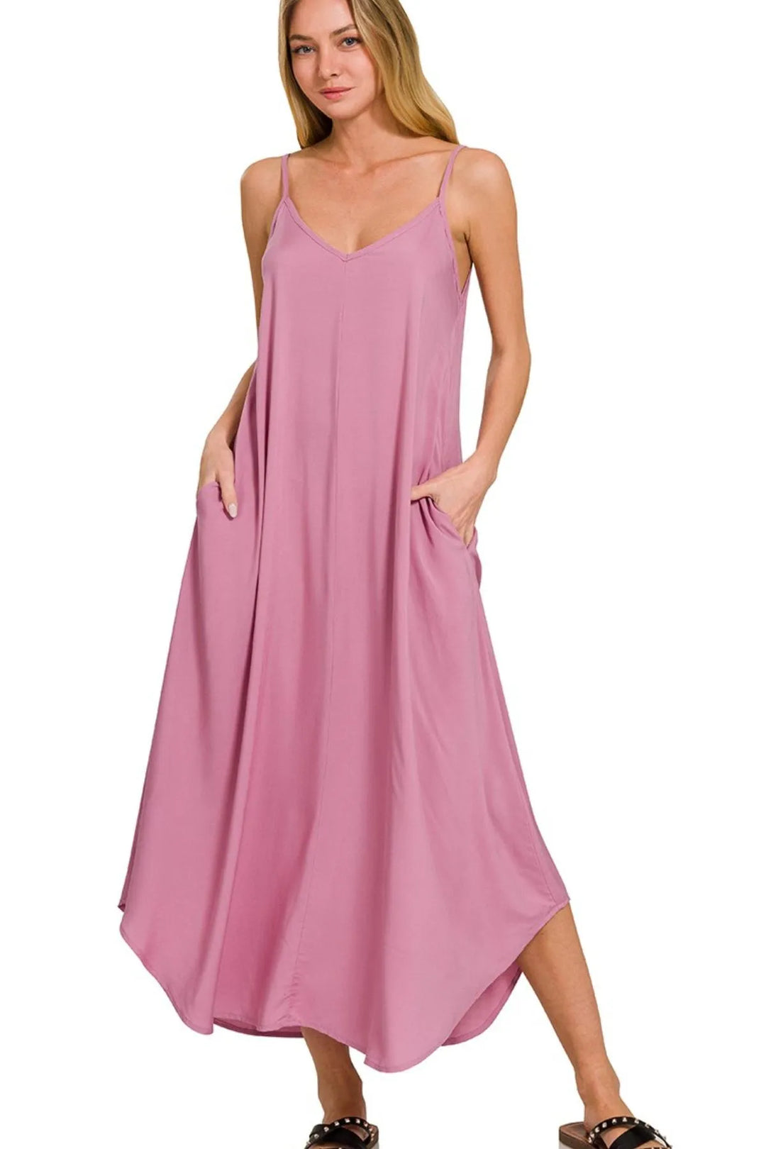 Lt Rose Zenana Woven Arc Hem Cami Dress With Flowy Pockets