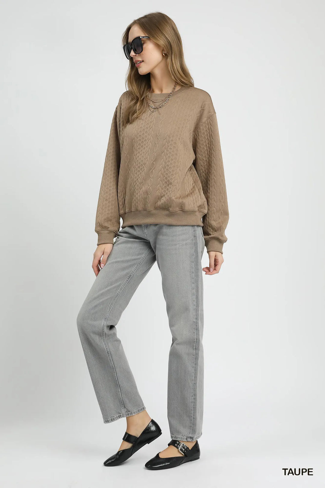 Taupe Umgee Cable Texture Pattern Sweatshirt With Ribbed Hem