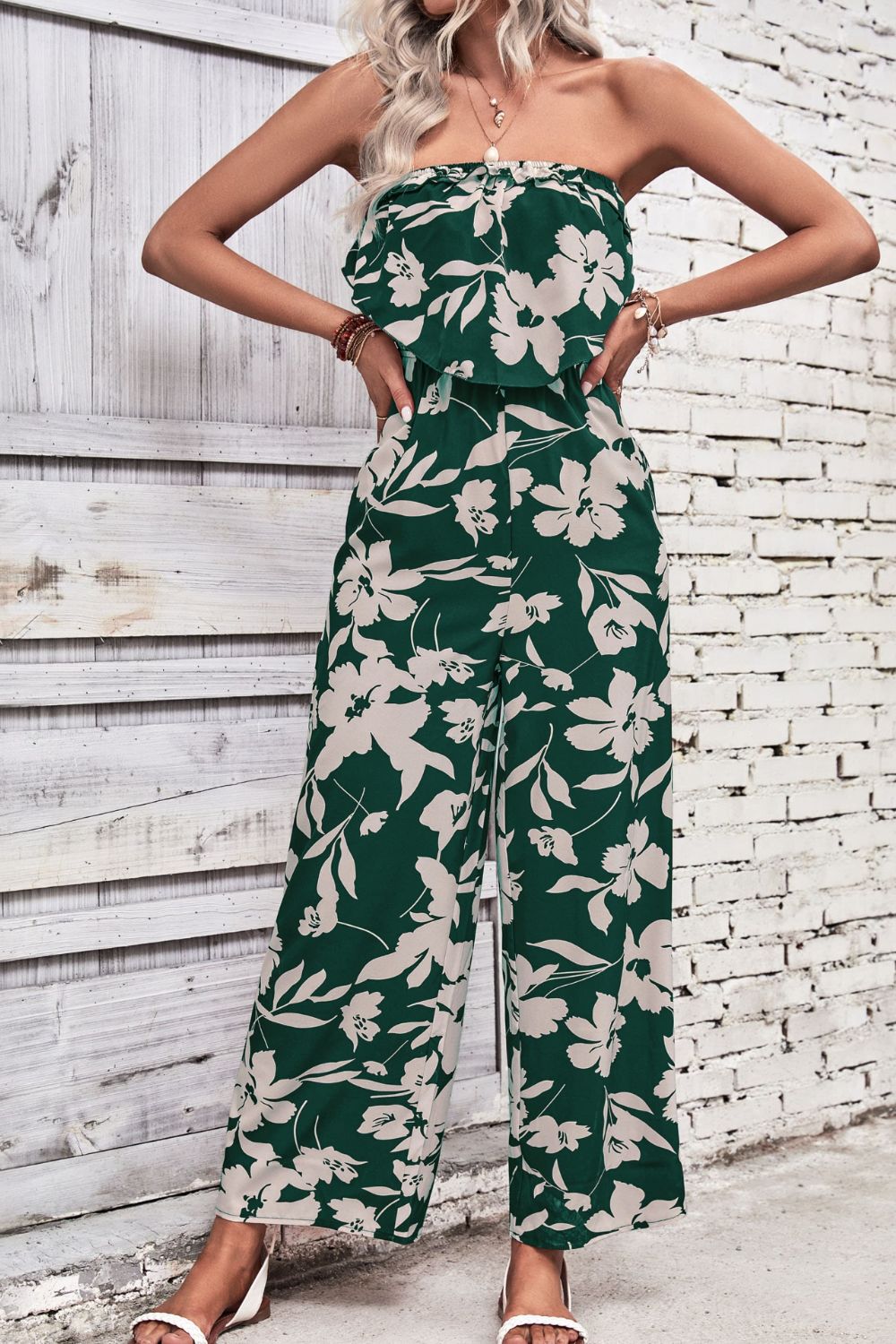 Dark Green Perfee Floral Strapless Wide Leg Jumpsuit