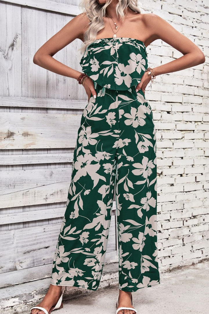 Dark Green Perfee Floral Strapless Wide Leg Jumpsuit