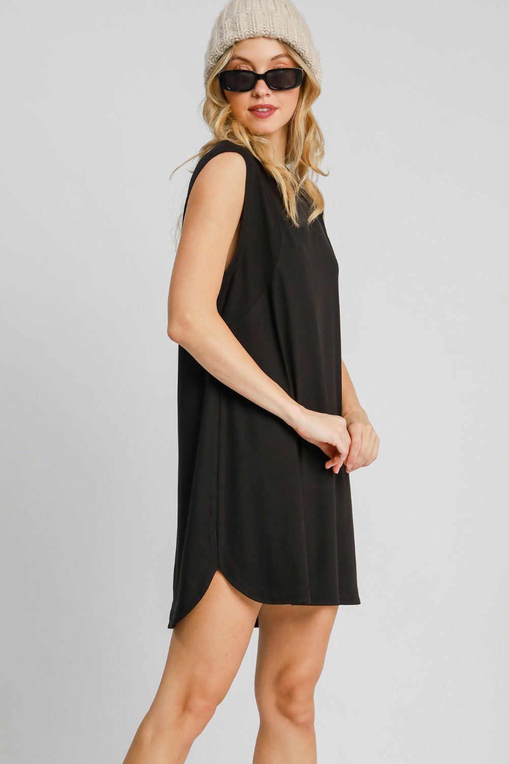 Black Umgee Round Neck Sleeveless High Low Curved Hemline Mini Dress