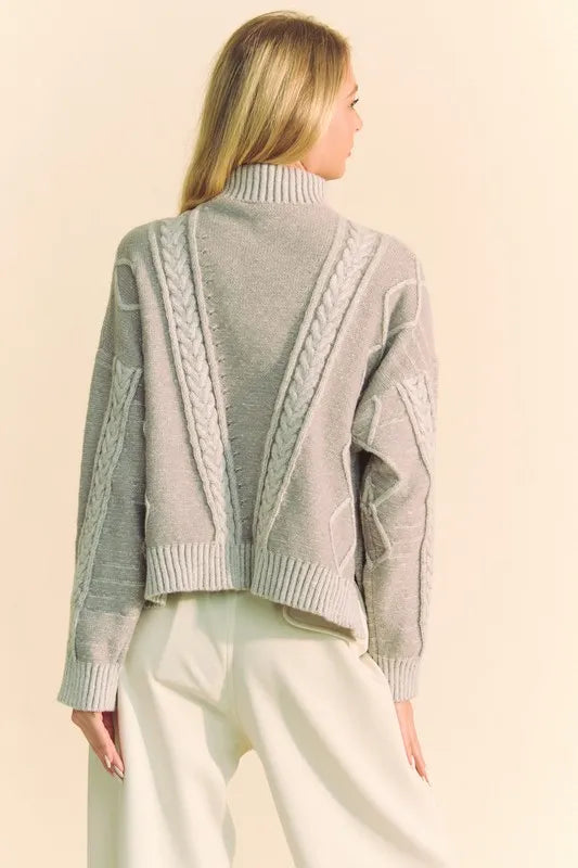 Gray Davi Dani Cable Knit Turtleneck Dropped Shoulder Sweater
