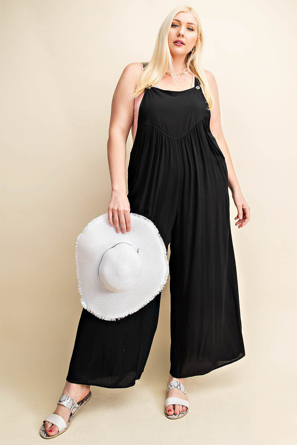 Black Kori America Full Size Sleeveless Ruched Wide Leg Overalls