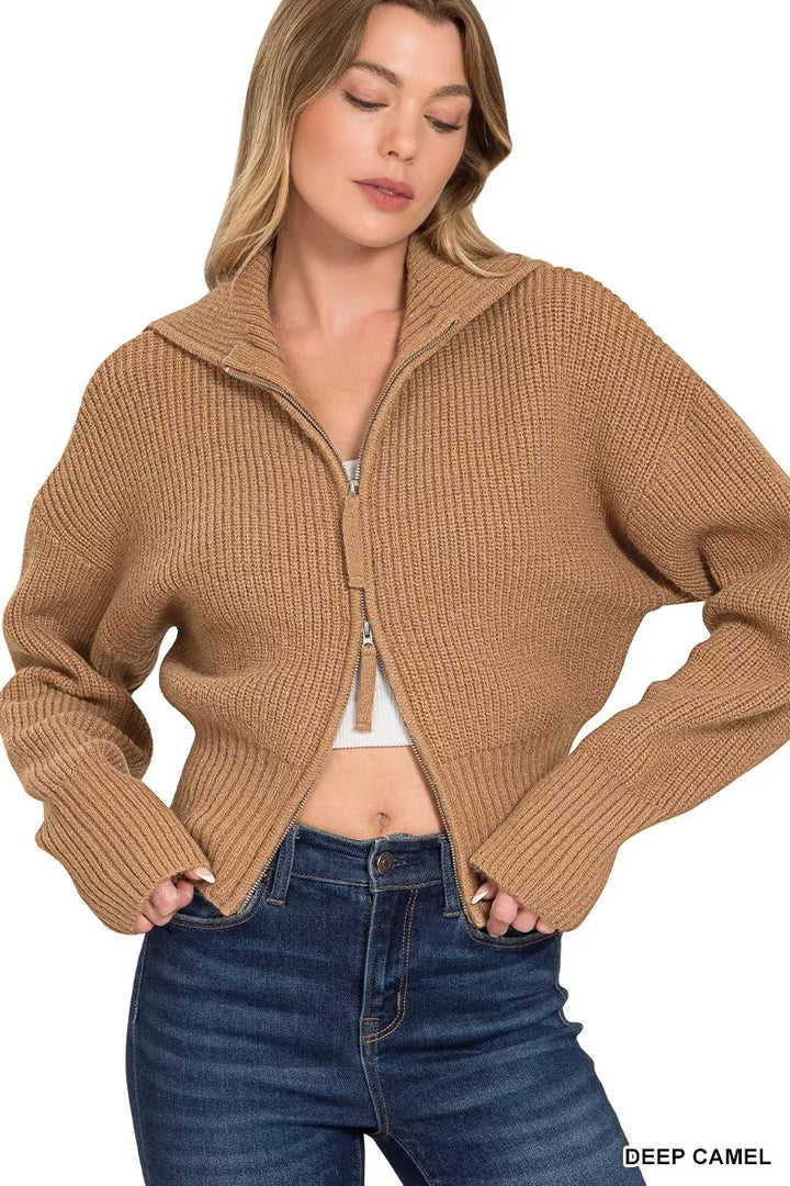 Deep Camel Zenana Ribbed Collared Zip Up Sweater Cardigan 2