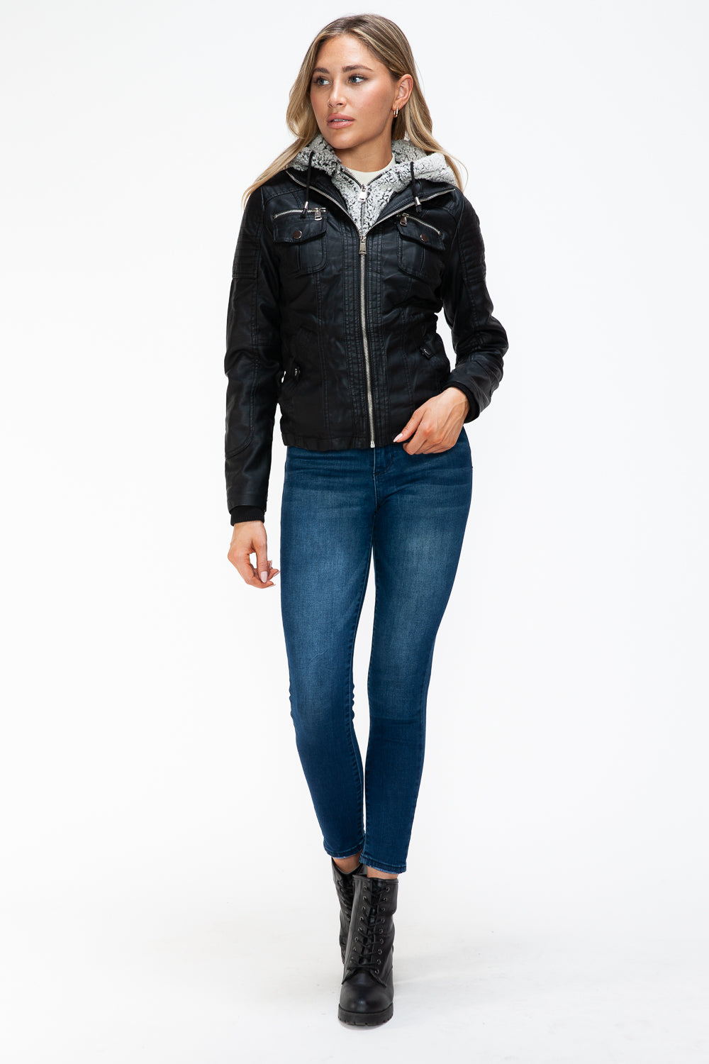 Ymi Removable Faux Layered Multi Pocket Jacket With Fuzzy Hood