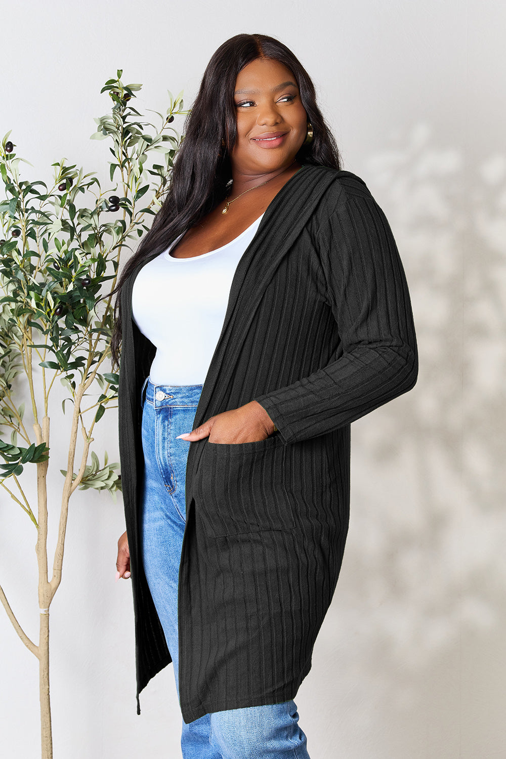 Black Basic Bae Full Size Hooded Sweater Cardigan