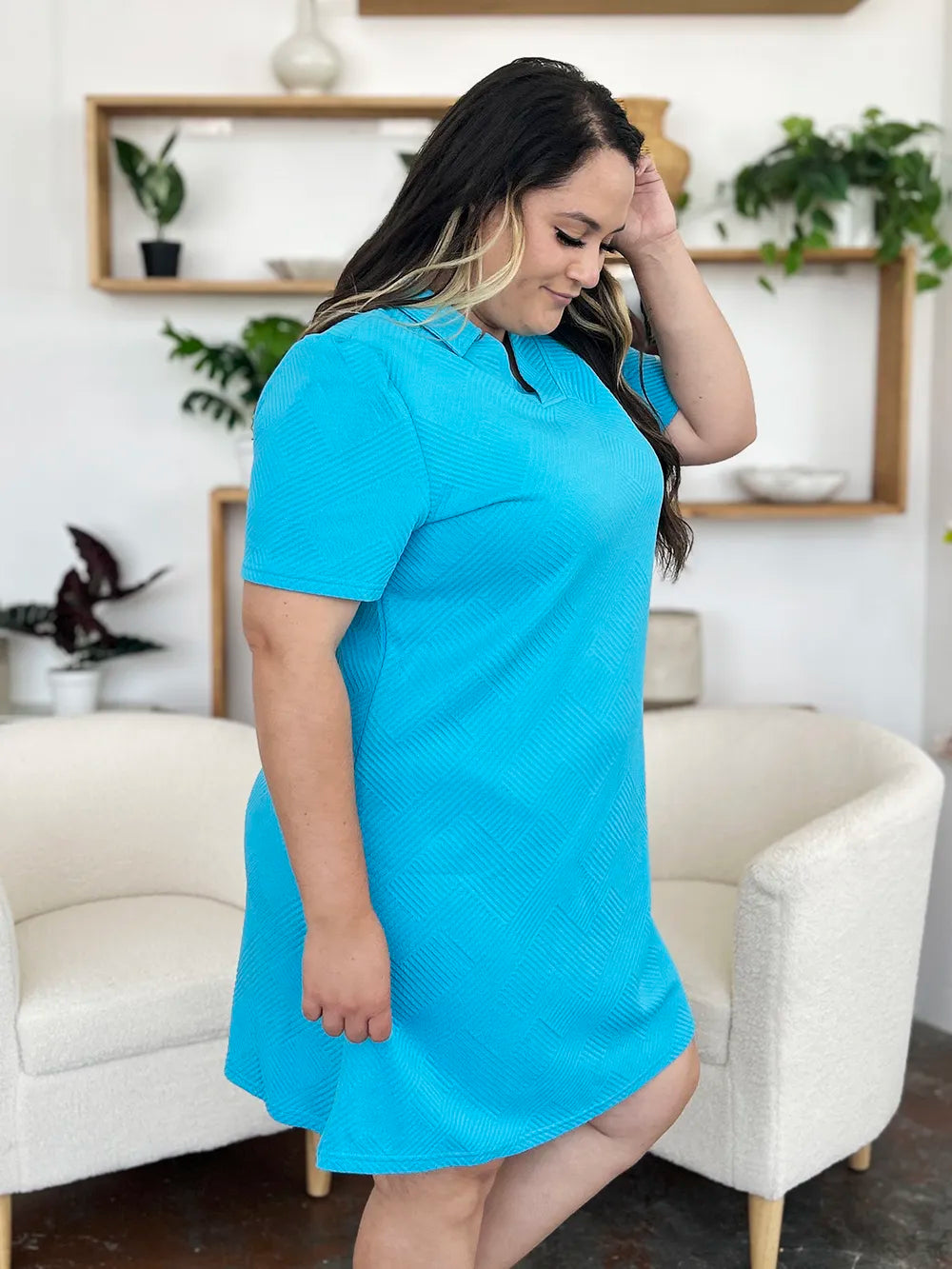 Double Take Full Size Texture Collared Neck Short Sleeve Dress 1