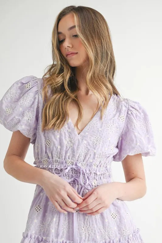 Mable Eyelet Lace Puff Sleeve V Neck Midi Dress 1