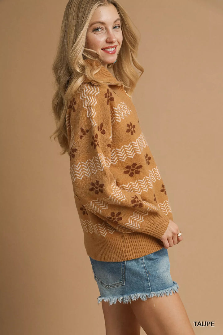 Taupe Umgee Floral Patterned Jacquard Quarter Zip Pullover Sweater
