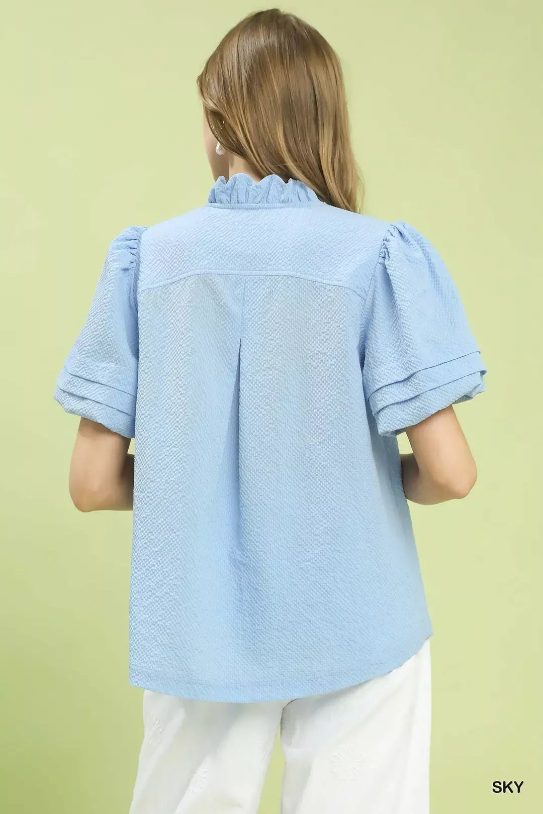 Sky Umgee Textured Scallop Trim Puff Sleeve Blouse 1