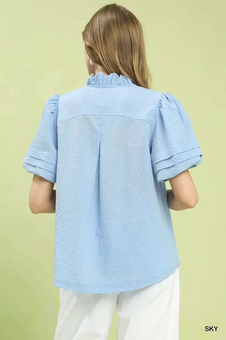 Sky Umgee Textured Scallop Trim Puff Sleeve Blouse 1