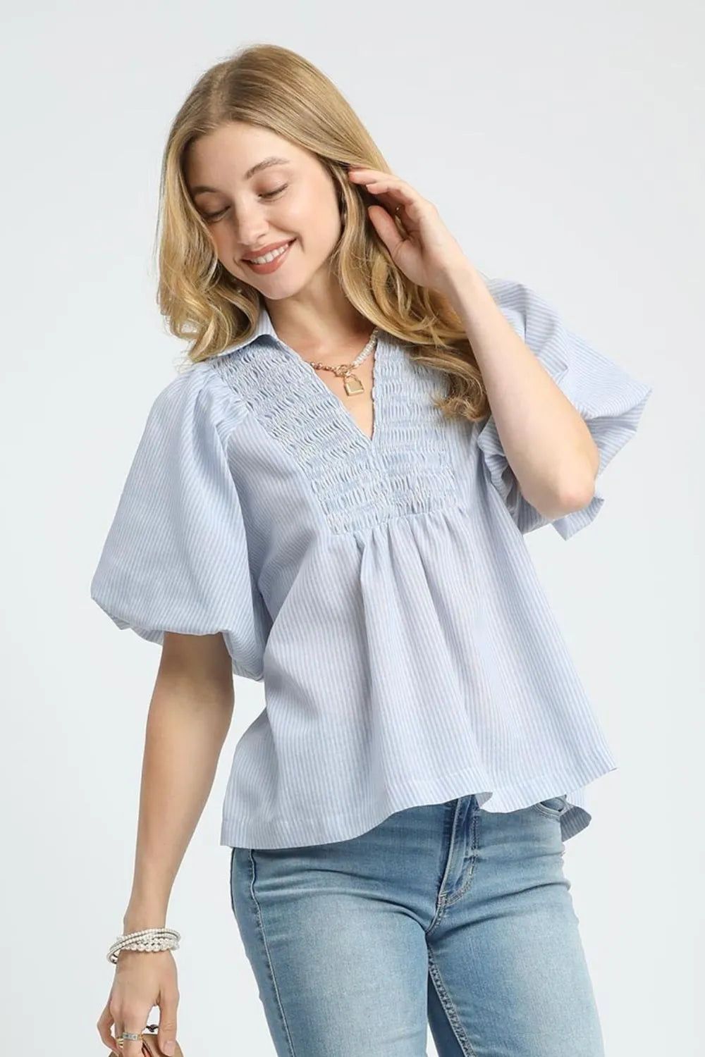Light Blue Umgee Smocked Puff Sleeve Blouse