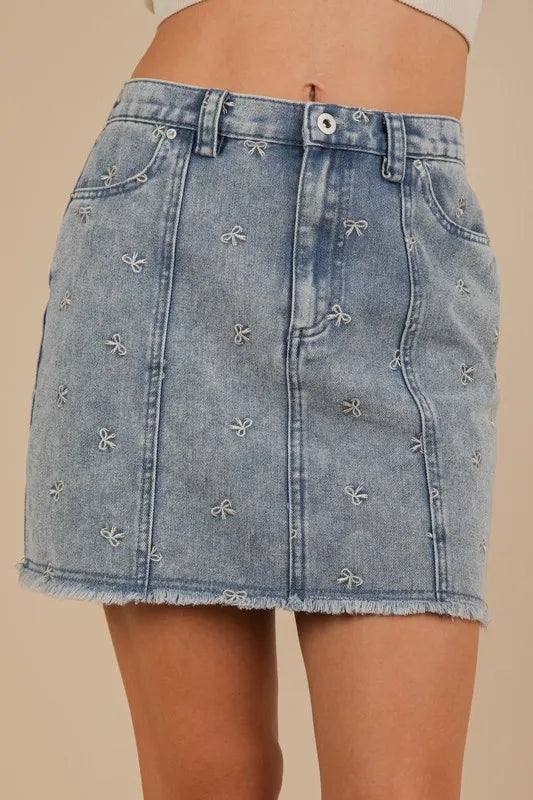 Very J Bow Printed Casual Denim Mini Skirt
