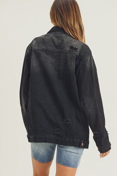 Black Risen Full Size Distressed Long Sleeve Denim Jacket