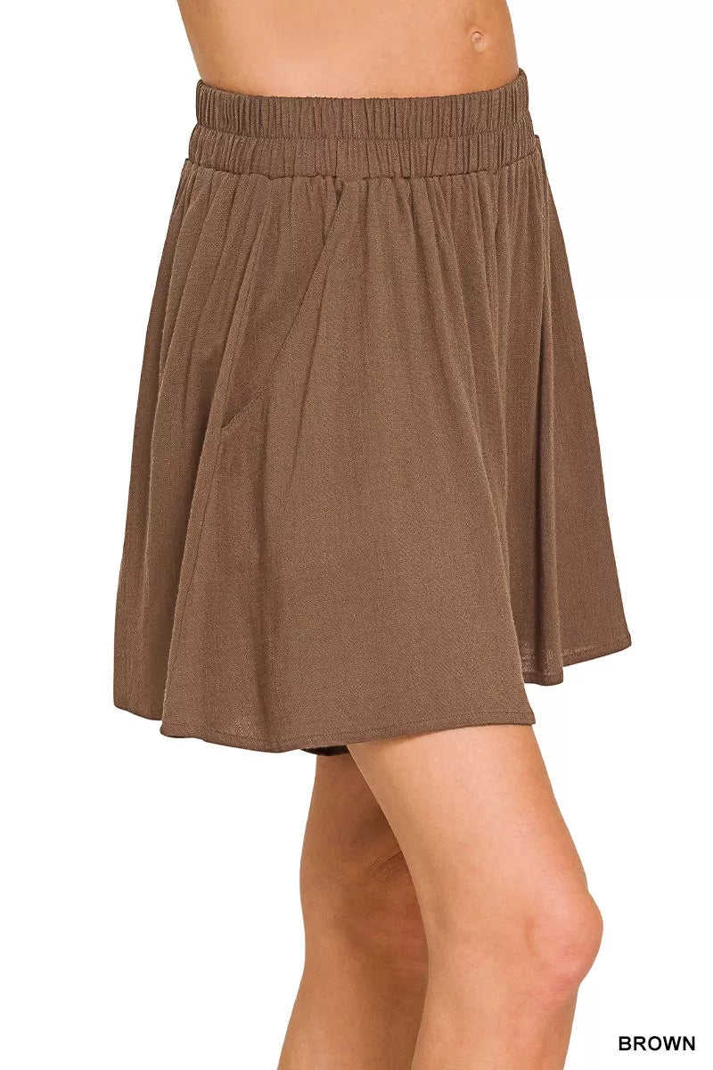 Brown Zenana Woven Elastic Band Shorts With Pocket 2