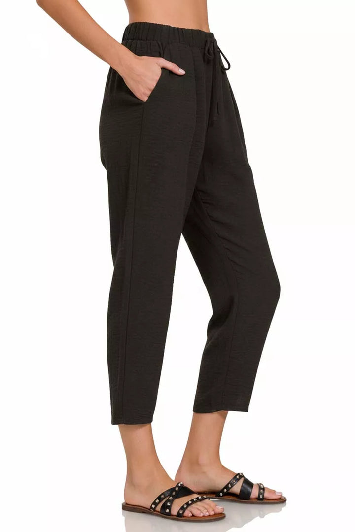 Black Zenana Woven Crepe Elastic Band Waist Pants