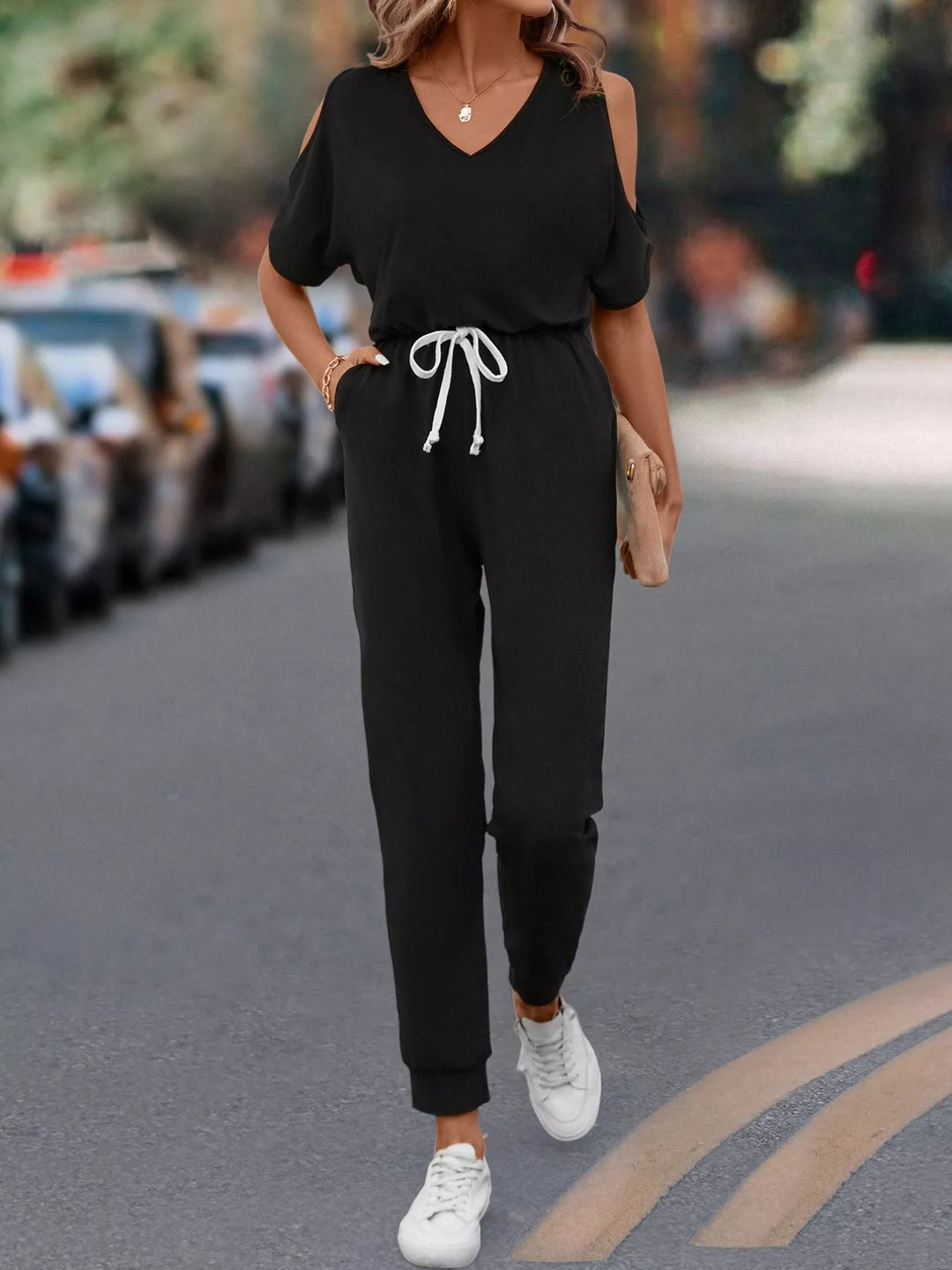 Black Cold Shoulder V Neck Drawstring Waist Jumpsuit