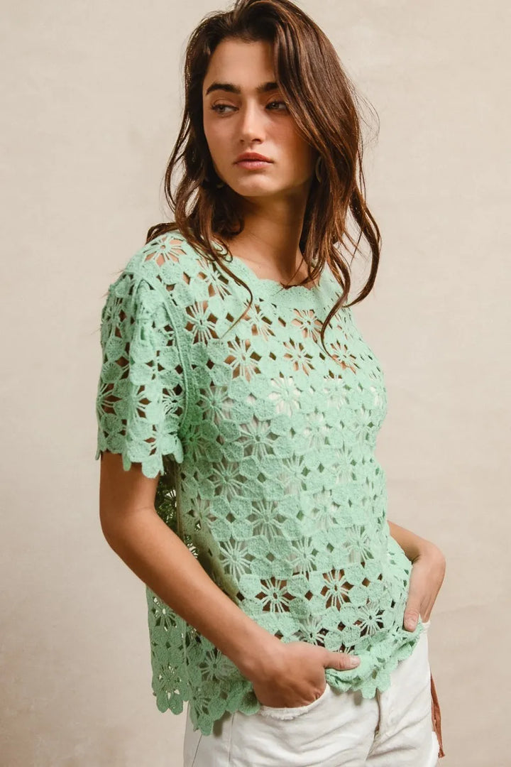 Bibi Openwork Crochet Short Sleeve Knit Top