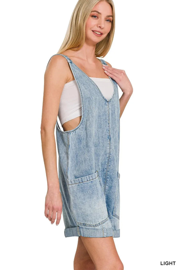 Zenana Denim Short Overalls With Pockets