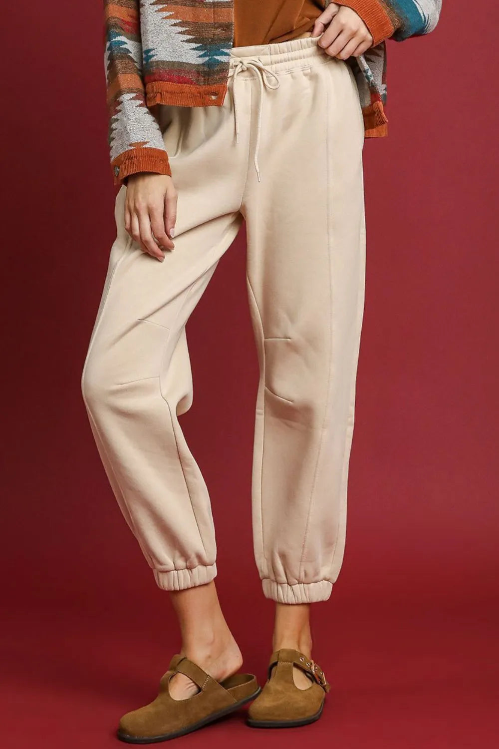 Sand Umgee Fleece Jogger Pants With Drawstring 2