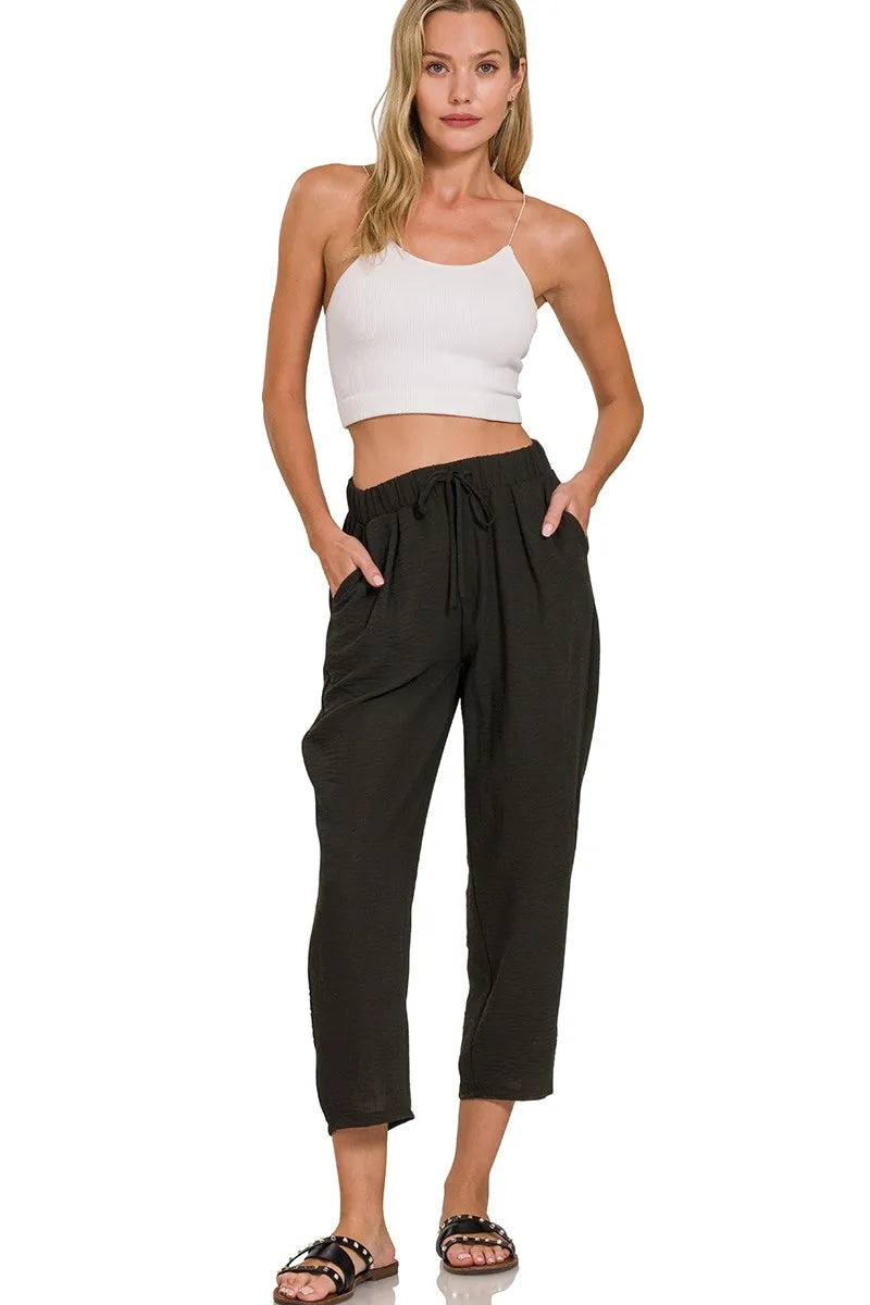 Black Zenana Woven Crepe Elastic Band Waist Pants