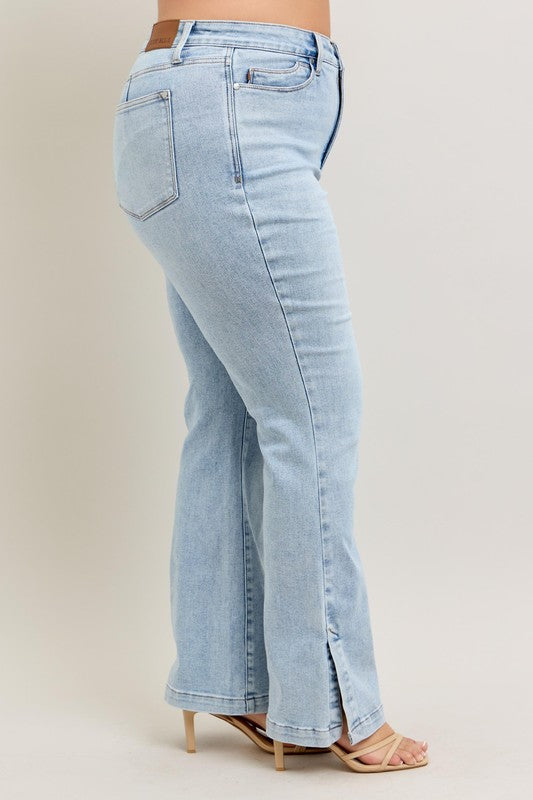 Light Judy Blue Full Size Tummy Control Vintage Wash Side Slit Slim Boot Jeans Plus Size