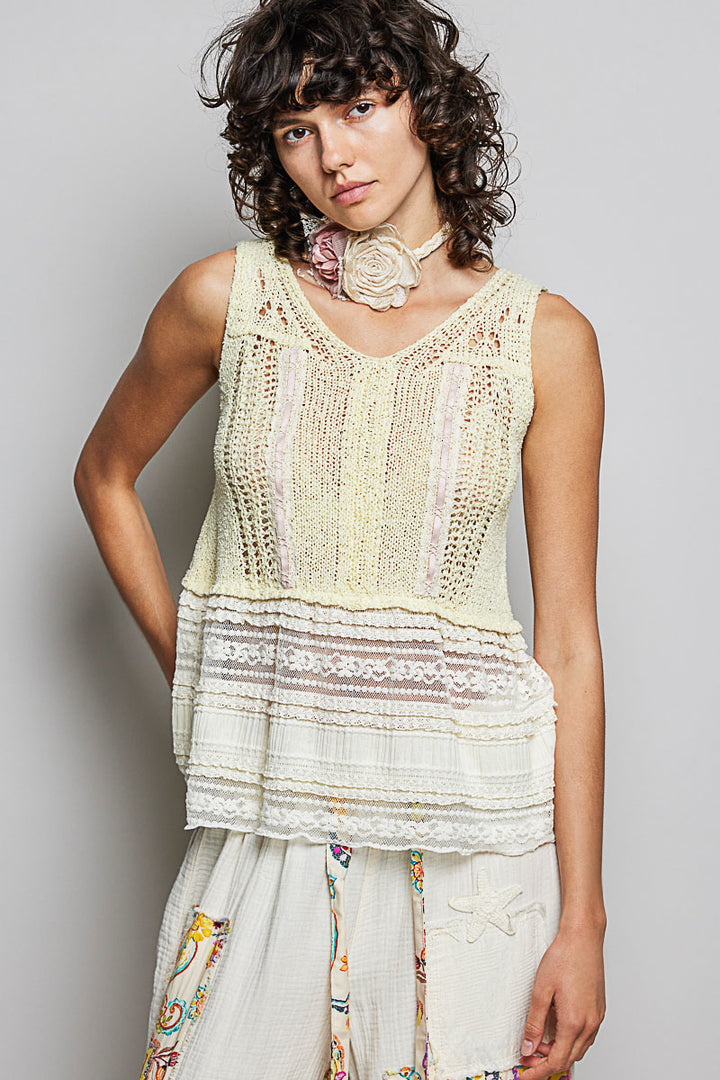 Lemon Pol V Neck Crochet Sweater Vest With Lace Trim