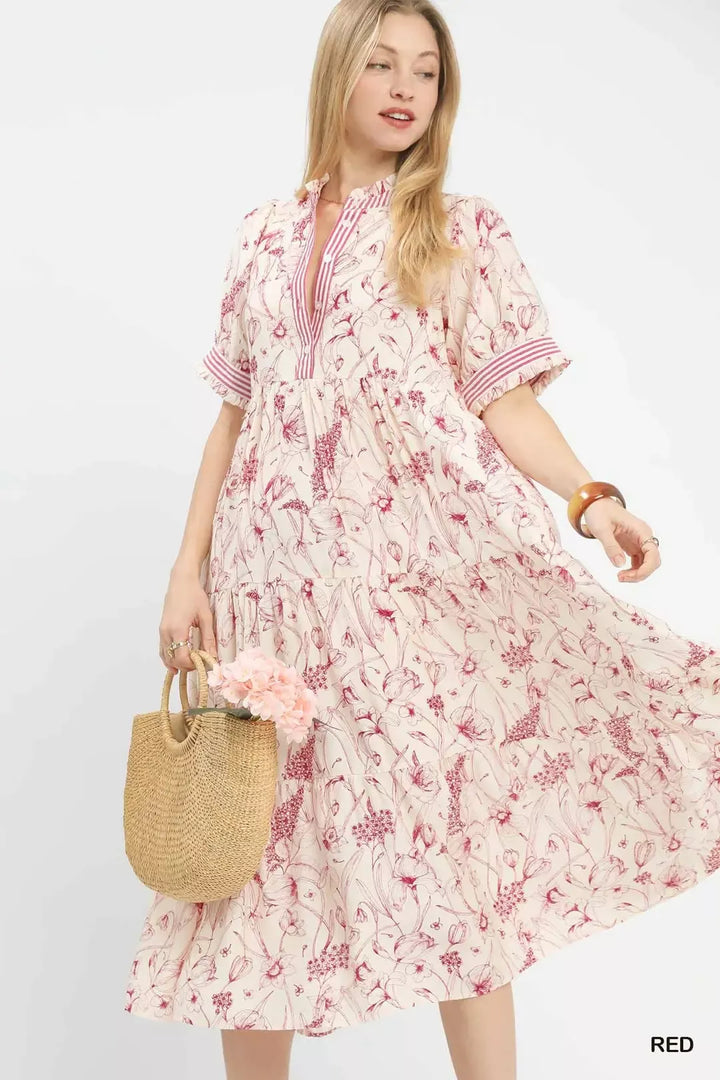 Red Umgee Floral Tiered Midi Dress With Ruffle Trim 1