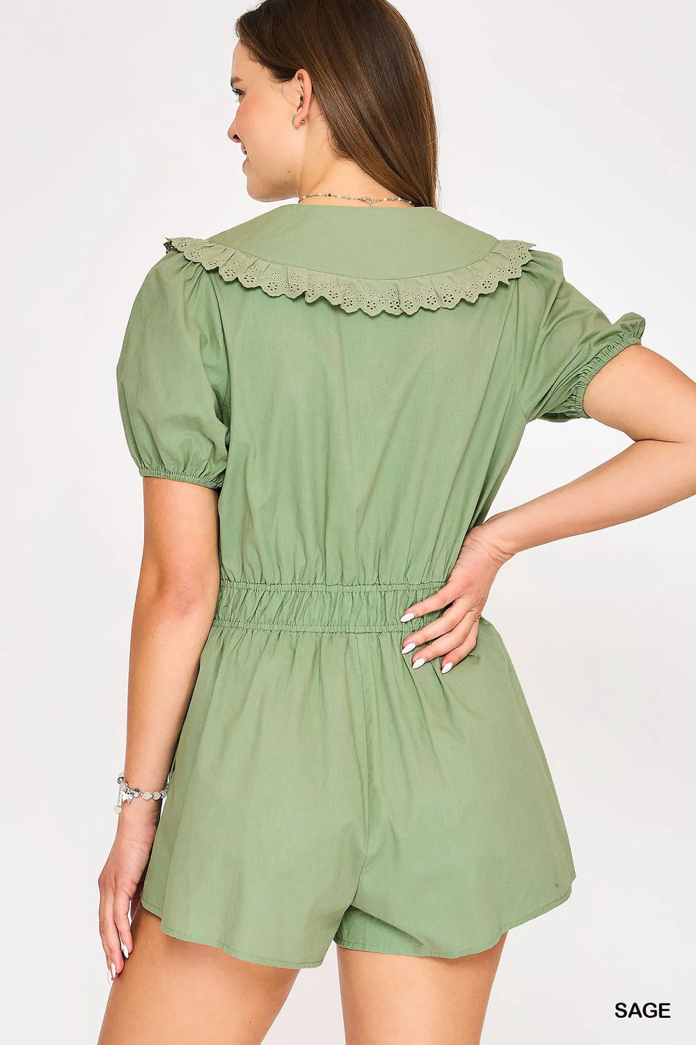 Sage Umgee Collared Short Sleeve Button Down Romper 1