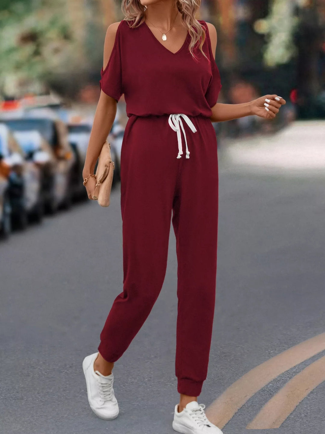 Burgundy Cold Shoulder V Neck Drawstring Waist Jumpsuit