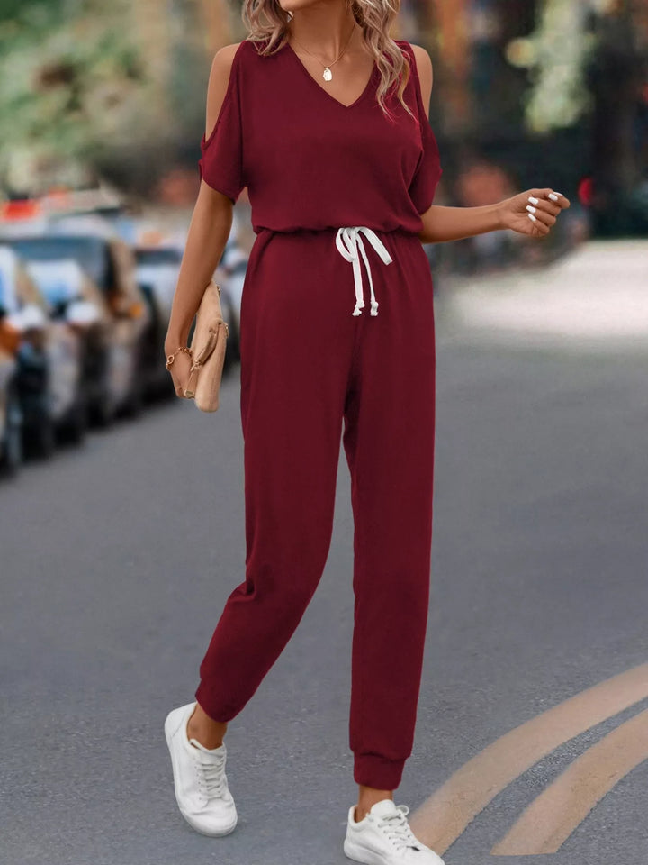 Burgundy Cold Shoulder V Neck Drawstring Waist Jumpsuit
