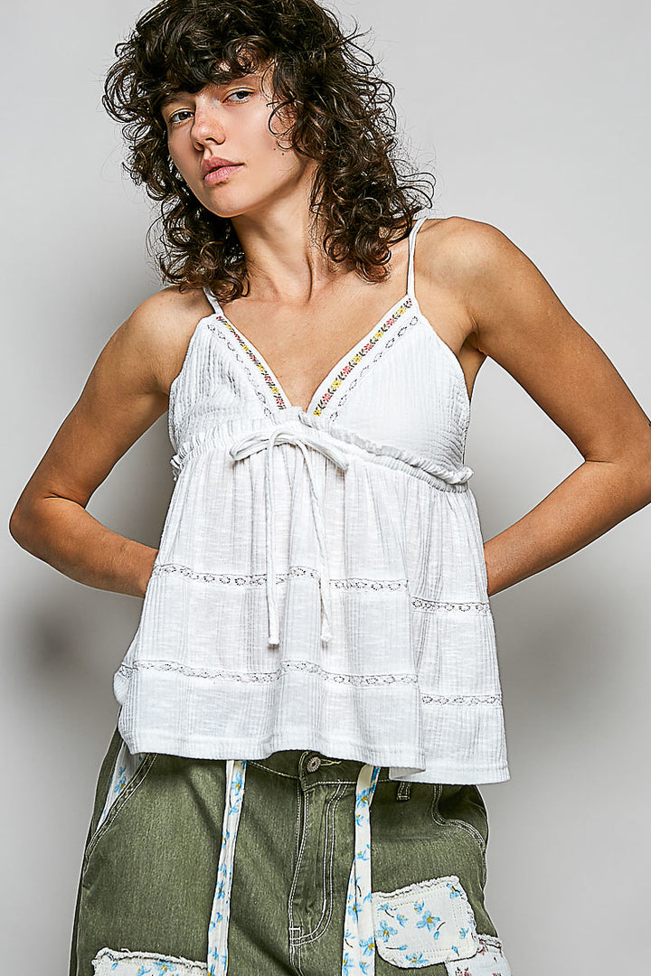 Off White Pol V Neck Embroidered Trim Ruffled Cami 3